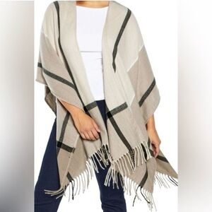 Three Dots Cozy Cream Cashmere Blend Wrap Plaid Shawl Poncho Fringe Travel Gift